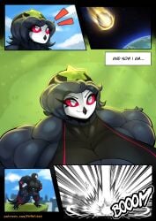 1girls abs anthro avian biceps big_breasts black_hair breasts busty cleavage clothing comic comic_page demon demon_girl earth explosion female female_only flying furry furry_only hat helluva_boss huge_breasts large_breasts leotard looking_up massive_breasts meteor mrmelted muscular muscular_female octavia_(helluva_boss) planet png realization red_eyes shock_wave smile solo starbreaker superheroine tail_feathers text text_box thick_thighs thunder_thighs wide_hips