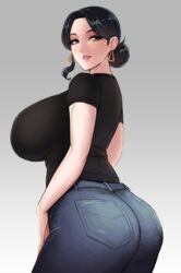 1girls ass black_hair breasts denim earrings female female_only green_eyes hair_bun huge_ass huge_breasts jeans junkpuyo large_breasts looking_at_viewer looking_back mature_female original original_character pants solo solo_female voluptuous