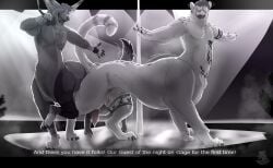 2025 animal_genitalia anthro_taur balls canid canine claws dialogue duo electronics english_text erection felid feline fluffy fluffy_tail genitals hi_res mammal microphone nolow nude penis performance pole sheath steam stripper_pole tail tattoo taur text