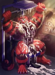 1397_david armpit armpit_hair armpits balls bara barazoku body_hair cum exercise flaccid furry hairy incineroar male male_only muscles muscular musk nintendo nude penis pokemon sitting solo solo_male spread_legs sweat sweating tiger