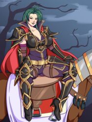 1girls armor big_breasts black_eyes fire_emblem fire_emblem:_path_of_radiance green_hair horse lipstick long_hair looking_at_viewer nintendo on_horse petrine_(fire_emblem) purple_lipstick riding smile solo solo_female souladdicted spread_legs villain