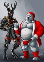 2024 abs anthro antlers bear belly big_belly black_antlers black_body black_nose brown_eyes bulge christmas christmas_clothing christmas_headwear claws clothed clothing costume dated deer detailed_bulge drone duo fangs fur genital_outline harness hat headgear headwear hi_res holidays horn hufnaar latex_creature looking_at_viewer male male_anthro mammal muscular muscular_anthro muscular_male narrowed_eyes new_world_deer open_mouth overweight overweight_anthro overweight_male pecs penis_outline polar_bear red_harness reindeer santa_costume santa_hat simple_background standing teeth toe_claws ursine white_body white_claws white_fur