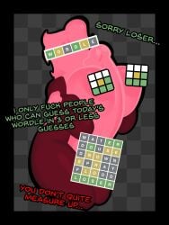1futa artist_request censored_balls censored_eyes censored_nipples character_request checkered_background colored_penis english_text futa futanari magenta_penis penis pink_body pink_penis red_body solo solo_futa text two_tone_body wordle wordle_cuck_captions_(meme)