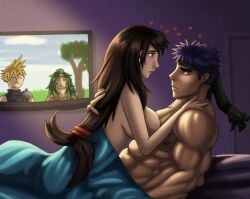 1boy1girl bed bedroom before_sex black_hair blue_eyes blue_hair breasts brown_eyes cheating cloud_strife crossover cuckold cuckolding earring earrings elincia_ridell_crimea facing_each_other final_fantasy final_fantasy_vii final_fantasy_vii_remake fire_emblem fire_emblem:_path_of_radiance fire_emblem:_radiant_dawn hands_on_shoulders heart hearts ike_(fire_emblem) in_love intimate muscular muscular_male naked nintendo ntr red_eyes straight tifa_lockhart