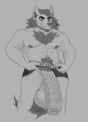 abs absurd_res anthro balls beard big_balls big_penis body_hair canid canine canis chest_hair chest_tuft claycow clothing english_text eyebrows facial_hair flaccid foreskin genitals hair hi_res huge_balls huge_penis hyper hyper_balls hyper_genitalia hyper_penis long_hair looking_at_genitalia looking_at_penis male mammal monochrome muscular muscular_anthro muscular_male navel nipples pecs penis pubes scar smile solo standing tail text thick_eyebrows thick_penis tuft underwear vein veiny_penis wolf wolfy_mclovin_(character)