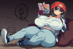 1girls ai_generated areola_bulge areolae areolae_visible_through_clothing asian asian_female beanie black_hair breasts breasts_bigger_than_head brown_eyes cleavage female female_only huge_breasts izumo_fuuko japanese_female large_breasts midriff midriff_baring_shirt navel nipple_bulge nipples pale-skinned_female pale_skin reading red_beanie thick_thighs undead_unluck