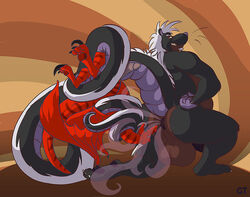 anthro anus balls big_balls butt_sniffing coiling dragon duo erection genitals gtskunkrat gtskunkrat_(character) hair hand_on_hip huge_balls humanoid_genitalia hybrid kneeling long_tail male male/male mammal mephitid murid murine musk rat red_body rodent skunk slightly_chubby smile sniffing tail_around_neck tongue tongue_out upside-down white_hair