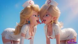 2girls ai_generated blue_eyes boobs female illumination_entertainment juicy_lips lesbian light-skinned_female medium_breasts nintendo nurse_clothing nurse_uniform princess princess_peach princess_peach_(movie) princess_rosalina princess_rosalina_(movie) sexy_female super_mario_bros super_mario_galaxy_(2026_film) tits tongue_out tongue_to_tongue video_game_character video_game_franchise white_uniform yallahs80