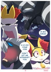 animal_genitalia animal_penis anthro balls black_body blush bodily_fluids boro_the_zebstrika braixen comic dialogue duo ellie_the_braixen english_text equine_genitalia equine_penis femboy feral fur generation_5_pokemon generation_6_pokemon genitals hi_res inner_ear_fluff male male_anthro male_feral multicolored_body multicolored_fur nikkibunn nintendo penis pokemon pokemon_(species) red_eyes red_inner_ear_fluff speech_bubble sweat sweatdrop text tuft white_body white_fur yellow_body yellow_fur zebstrika