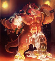 1397_david balls bara barazoku beard body_hair bowser cum facial_hair flaccid gay kissing koopa koopa_troopa male male_only mario_(series) muscles muscular nintendo nude penis scalie size_difference turtle