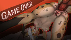 16:9 4k absurd_res against_surface ahegao anal anal_penetration anthro bad_end bent_over body_writing canid canine cheetah croqs dirty_talk felid feline female fox game_over gameplay_mechanics hi_res hybrid instant_loss_2koma looking_pleasured low-angle_view mammal penetration profanity questionable_consent rayza_alvares_(nyxthechee) size_difference solo widescreen