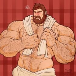 a_krr_chuan annoyed annoyed_expression annoyed_face annoyed_male beard biceps big_hands blush blushing body_hair brown_hair brown_hair_male dilf hair hairy hairy_body hairy_male human logan_(lustful_desires) looking_away lustful_desires muscles muscular muscular_male tiled_background towel towel_around_neck towel_only veiny veiny_muscles watermark