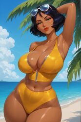 1girls ai_generated arm_behind_head beach belly_button black_hair caramel-skinned_female cleavage female female_only green_eyes half-closed_eyes hand_behind_back hourglass_figure inner_sideboob large_breasts latex_clothing lipstick looking_at_viewer midriff narrow_waist ocean ocean_background one_arm_behind_head one_hand_behind_back palm_leaf pose rgomez007 seductive_look self_upload short_hair skindentation sleeveless slight_smile solo_female stable_diffusion sunglasses_on_head swimsuit thick_eyelashes thick_thighs warm_lighting wide_hips yellow_swimsuit