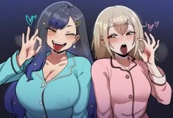 2girls ai_generated azusawa_kohane bedroom_eyes blonde_hair blowjob_gesture breast_size_difference cleavage clothed hair_down heart implied_oral large_breasts nipple_bulge novelai open_mouth pajamas project_sekai shiraishi_an small_breasts tongue tongue_out two-tone_hair upper_body wink
