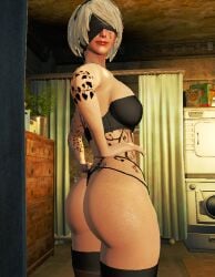 ass ass_focus bathroom behind_view big_ass blacked blindfold female female_focus female_only from_behind hairband light-skinned_female light_skin lipstick looking_at_viewer medium_hair nier:_automata pose qos qos_tattoo queen_of_spades round_ass smiling_at_viewer tattoos thick thick_ass thighs thong topwear white_hair yorha_2b
