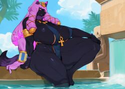 abs after_transformation anthro anubian_jackal bikini dark-skinned_female dark_skin drill_hair egyptian egyptian_mythology furry golden_eyes huge_ass huge_breasts jewelry kodou-sama_(cownon) lavender_hair long_hair massive_ass massive_breasts muscular muscular_anthro muscular_arms muscular_female muscular_thighs old_joe open_mouth original pov shiny_skin summer sweat tagme tall_female thick_thighs transformation water wide_hips