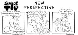 anthro back_view big_butt blush blushing butt canid canine claws comic dialogue english_text erection fur furry furry_only looking_at_another male/male/male mammal muscular nervous nude shy size_difference smaller_male tail text