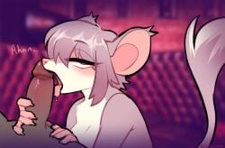 anthro chaiyote duo fellatio female genitals glans grey_hair hair half-closed_eyes humanoid_genitalia humanoid_penis licking looking_at_viewer male male/female mammal mouse murid murine narrowed_eyes oral penile penis penis_lick red_eyes rodent sex tail tail_tuft tongue tuft