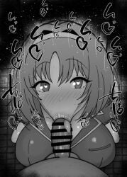 1boy 1girls :>= bare_shoulders big_penis black_and_white blowjob blush breasts censored classroom_of_the_elite dark-skinned_male dark_skin detailed_background drooling eyelashes fellatio female heart human indoor inside japanese_text kurotama kushida_kikyou looking_at_viewer male male_pov oral oral_sex penis ponytail pov ribbon room saliva saliva_trail shiny shiny_skin short_hair sketch sound_effects squatting sweat text tied_hair tongue tongue_out vein veins veiny veiny_penis