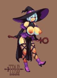 1girls big_breasts breasts erect_nipples female huge_breasts looking_at_viewer nipples pixel_art shiny shiny_breasts shiny_skin shoulders staff succubus thepixelartboy wide_hips witch_hat