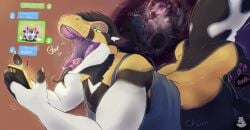 2022 absurd_res after_vore anthro blush churn duo electronics endosoma felid fluffy fluffy_tail heart_symbol hi_res looking_pleasured male male/male mammal nightstalker_(oc) nolow nude oral_vore pantherine phone reptile safe_vore scalie snake snow_leopard spots tail texting texting_ui tongue vore zyyph