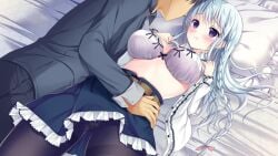 1boy 1boy1girl 1girl aqua_hair bed blush bra braided_hair breasts clothed clothed_sex game_cg hair_ribbon kimi_to_hajimeru_dasan_tekina_lovecome large_breasts long_hair long_sleeves lying lying_on_back lying_on_bed on_bed open_clothes open_shirt panties panties_under_pantyhose pantyhose school_uniform shirt side_braid skirt skirt_lift sousouman teidou_shirayuki
