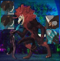 anthro arm_tuft ball_markings balls big_balls big_penis blood bodily_fluids bone bone_tail brown_body brown_fur castration claws cock_and_ball_torture demon digitigrade duo elbow_tuft foreskin fur gariyuu_(artist) genital_markings genital_mutilation genital_torture genitals gore half-erect hi_res horn huge_balls huge_penis humanoid humanoid_genitalia humanoid_penis hyper hyper_balls hyper_genitalia hyper_penis loose_foreskin male male/male markings murmurs muscular muscular_anthro muscular_male mutilation neck_tuft penis runes s0ph0s saggy_balls scar side_panel skull skull_head soul_vore tuft wound_on_genitals wounded