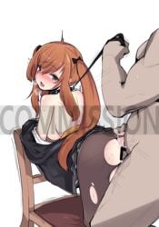 1boy 1girls anon ass bent_over big_breasts black_skirt blush brown_hair censored chair clothed_female clothed_female_nude_male clothed_sex collar cum cum_in_pussy cum_inside female female_focus girls'_frontline kumasteam leash leash_pull looking_back male nude_male pantyhose pleated_skirt rape sex_in_skirt skirt skirt_lift slave tagme torn_clothes torn_pantyhose ump9_(girls'_frontline) vaginal_penetration vaginal_sex watermark