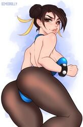 1girls ass big_ass big_breasts breasts brown_eyes brown_hair chun-li dimedrolly fair-skinned_female fair_skin female female_focus female_only large_breasts light-skinned_female light_skin looking_at_viewer looking_back pantyhose solo solo_female solo_focus stockings street_fighter