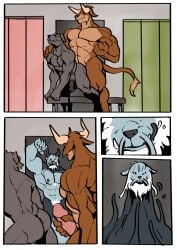 abs anthro barbel_(anatomy) binturong bovid bovine canid canine canis cattle caught_in_the_act comic domestic_dog doorway duo floppy_ears genitals goo_creature hand_on_penis hi_res horn leaning licking licking_lips locker_room male male/male mammal muscular muscular_arms muscular_male pecs penis smile surprised tail tail_tuft tongue tongue_out trencalos tuft viverrid