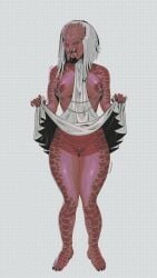 absurd_res alien barefoot bottomwear breasts clothed clothing clothing_lift dreadlocks dress dress_lift embarrassed feet female genital_piercing genitals hi_res humanoid looking_at_viewer piercing predator_(franchise) shaking skirt skirt_lift solo thick_thighs trembling vulva wushutai27302 yautja