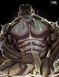 2_horns abs absurd_res animal_genitalia anthro biceps big_muscles big_pecs dragon genital_slit genitals hi_res horn huge_muscles laopeic male muscular muscular_anthro muscular_arms muscular_male mythological_creature mythological_scalie mythology pecs scales scalie solo spikes spikes_(anatomy) squarerat3 yellow_eyes