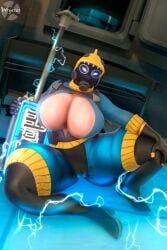 big_breasts blue_eyes bodysuit boob_window coel3d fempyro fempyro_(team_fortress_2) high_heels holding_weapon solo team_fortress_2 valve white_skin