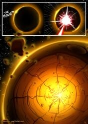 comic comic_page cracked_ground cracks crater destruction explosion helluva_boss laser moon mrmelted png rock space starbreaker stars text