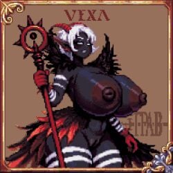 1girls ass barefoot big_ass big_breasts big_butt breasts character_name dark-skinned_female dark_skin erect_nipples female gigantic_breasts goddess horns huge_breasts looking_at_viewer nipples nude original pixel_art pussy staff thepixelartboy thick_thighs white_eyes white_hair