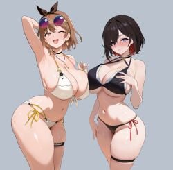 2girls amadeuslight arm_up armpits atelier_(series) atelier_ryza atelier_yumia bikini blurry blurry_background blush breasts brown_eyes brown_hair cleavage colored_inner_hair commentary earrings eyewear_on_head grey_background grin hair_over_one_eye hair_ribbon halterneck hand_on_own_chest highres jewelry key key_necklace large_breasts mole mole_under_eye multicolored_hair multiple_girls navel necklace one_eye_closed open_mouth purple_eyes reisalin_stout ribbon side-tie_bikini_bottom sideboob simple_background skindentation smile string_bikini swimsuit thigh_strap triangle_bikini_top underboob yumia_liessfeldt