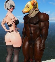 1boy 1girl 2b_(nier:automata) ass big_ass big_penis blacked couple dark-skinned_male dark_skin fallout_4 female flaccid flaccid_penis from_behind hairband hands_on_hips interracial light-skinned_female light_skin lipstick looking_at_viewer looking_back male male/female mask muscular muscular_male necklace nier nier:_automata penis pose posing public qos qos_tattoo queen_of_spades round_ass stockings tattoo tattoos thick thick_ass thong topwear white_hair yorha_2b