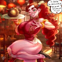armlet blurry_background bracelet chinese_clothes francesca_faraday freckles freckles_on_shoulders green_eyes huge_breasts indoors leg_up long_hair lukex8a red_hair side_ponytail speech_bubble standing standing_on_one_leg teeth thick_thighs