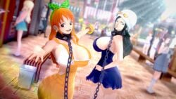 3d arcee80 bikini_top black_hair dress koikatsu metal_collar nami_(one_piece) nico_robin one_piece orange_hair overalls pearl_earrings short_dress sideboob slave slave_collar slave_girl walking
