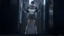 1boy 1girl 3d 3d_(artwork) astyanax3d from_behind hands_on_wall large_penis mr_x resident_evil_2_remake resident_evil_9:_requiem sherry_birkin standing thick_thighs thigh_sex thighjob thighs