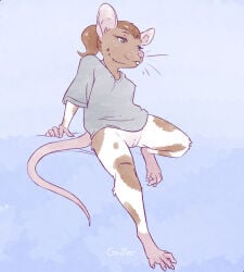 anthro bottomless bottomless_anthro bottomless_female brown_body brown_fur buckteeth clothed clothing female fur gavbat genitals green_eyes hair mammal murid murine ponytail pose rat rodent shirt shirt_only simple_background solo t-shirt teeth topwear topwear_only vulva whiskers