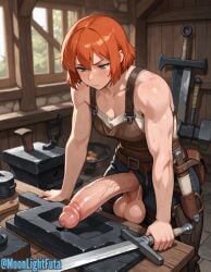 ai_generated anvil big_balls big_penis blacksmith forging freckles futa_only futanari ginger ginger_hair green_eyes huge_cock hutt indoors knife leather leather_clothing medieval medium_hair moonlightfuta muscular muscular_arms muscular_futa original_character overalls redhead serious short_hair solo sword swords working workplace