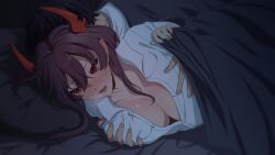 bed beni_doki breasts brown_hair dragon female from_behind grabbing_breasts large_breasts long_hair mature_female nightgown pointy_ears promisu red_eyes squeezing_breasts sweat virtual_youtuber vtuber