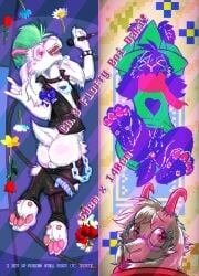 balls blush bodily_fluids bovid butt caprine chain dakimakura dakimakura_design darkner deltarune digital_media_(artwork) electronics eyewear flower frist44 genital_fluids genitals glasses goat hero_scarf hi_res legs_up looking_away mammal microphone mohawk paws penis pixel_(artwork) plant precum punk_rock ralsei scarf spotlight undertale_(series)