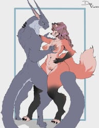 absurd_res anthro areola bedroom_eyes big_breasts big_nipples breast_grab breasts camel_toe canid canine claws colored curvy_figure dancing deusvulpes digital_drawing_(artwork) digital_media_(artwork) duo ears_up feet female fox fur genitals grope hair hand_on_breast hand_on_hip hi_res long_hair looking_at_another male male/female mammal nails narrowed_eyes navel navel_piercing nipples nude nude_anthro nude_female piercing pink_hair reptile scalie seductive simple_background smile tail thick_thighs tuft vulva wide_hips