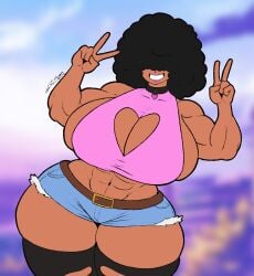 1girls abs afro background belt black_hair blurred_background breasts breasts_bigger_than_head collar female gigantic_breasts hair hair_covering_eyes heart heart_cutout huge_breasts katiekiller legwear lipstick muscles muscular muscular_female original original_character peace_sign peace_signs pink_lipstick short_shorts six_pack smile spintopple teeth thick_thighs thighs