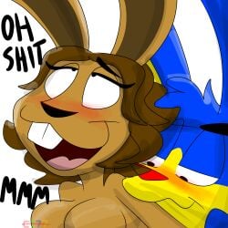 1:1 absurd_res anthro blue_body blue_fur blush breasts brown_body brown_fur buckteeth duo e777 female from_behind_position fur gaping_mouth hair hi_res lagomorph leporid male male/female mammal open_mouth orgasm rabbit sex sucking teeth wavy_hair yellow_body yellow_fur