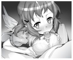 1boy 1girls blush bra breasts clothing cum cum_on_body cum_on_breasts facial fellatio female frilled_sleeves frills greyscale inai_uchi large_breasts looking_at_viewer looking_up monochrome oral orientation_play outercourse paizuri senki_zesshou_symphogear shiny shiny_hair short_hair short_sleeves sketch straight tachibana_hibiki_(symphogear) underwear