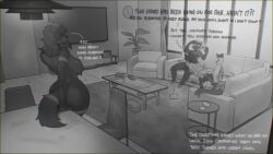 anthro biped bodily_fluids bovid breasts butt canid canine caprine detailed_background dialogue electronics fellatio female female_penetrated fluffy fluffy_tail furniture group hi_res inside male male/female male_penetrating mammal nude oral penetration penile rodent sex sincrescent sitting sofa sweat sweaty_breasts tail television text wide_hips