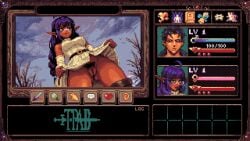 1boy 1girls ass breasts dark-skinned_female dark_elf dark_skin dress elf elf_ears elf_female female from_below game_hud glasses looking_at_viewer male no_panties pixel_art pubic_hair purple_hair pussy skirt skirt_lift solo thepixelartboy thick_thighs